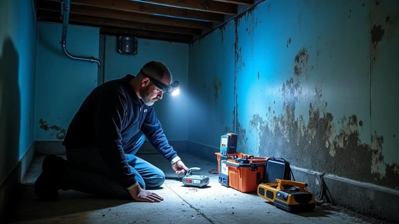 Mold inspector using a flashlight to examine a basement wall for signs of moisture and mold growth in a Louisville home