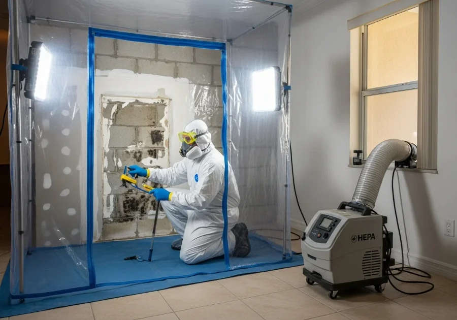 Containment set up at a crawl space access point before mold removal