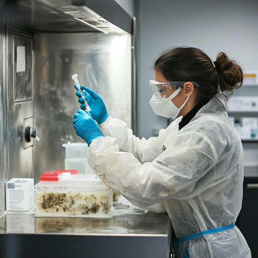 Technician collecting a dust sample for mycotoxin analysis