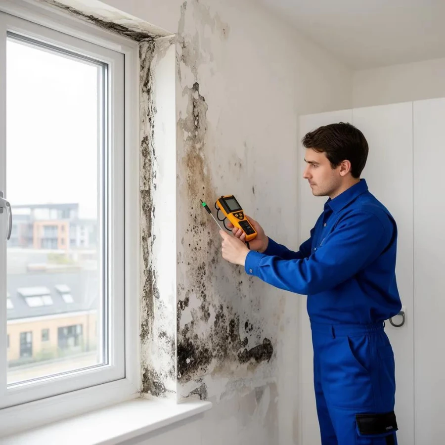 Technician using a moisture meter to check a wall during a mold inspection
