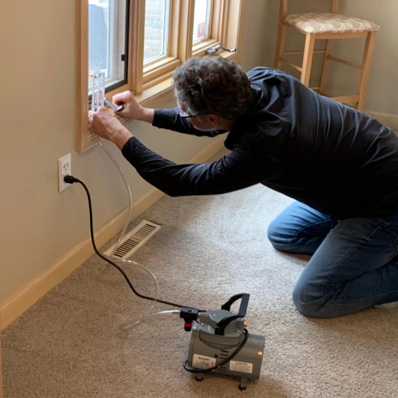 Mold testing technician collecting an air sample with a pump device in a home