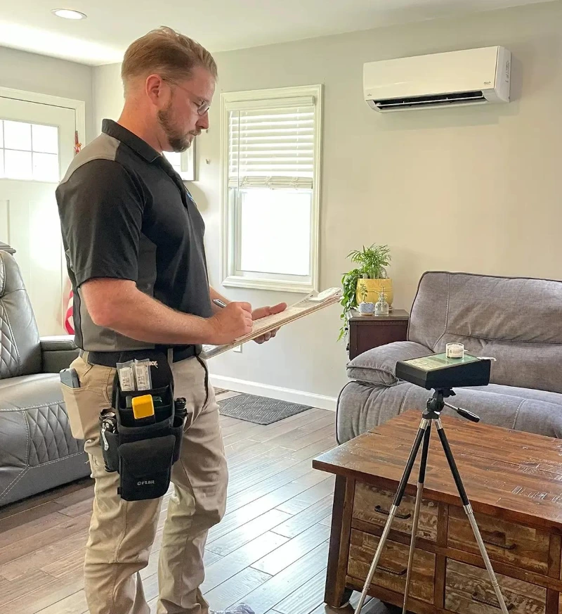 Mold testing technician collecting an air sample inside a Louisville home