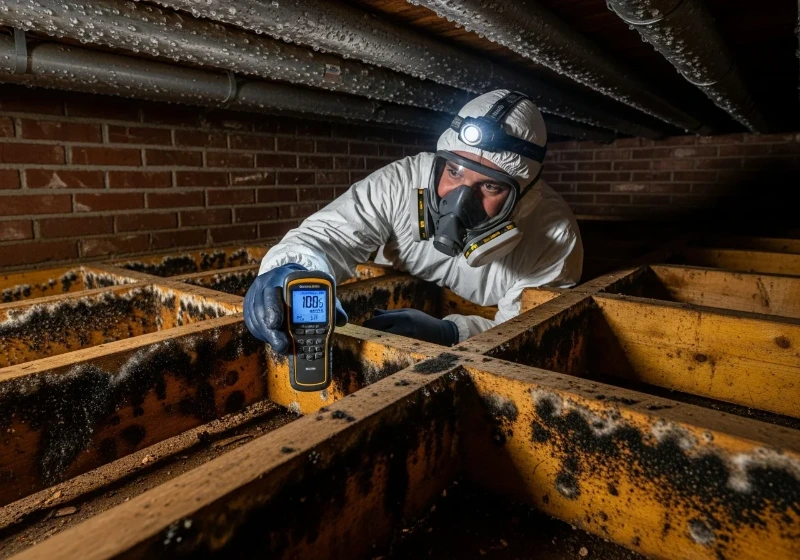 Technician removing contaminated insulation from a crawl space