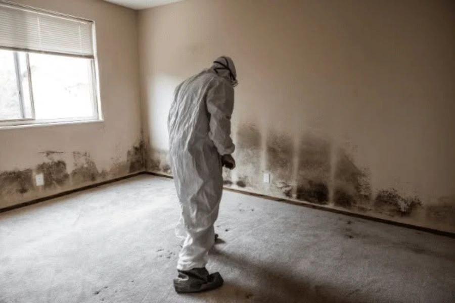 Technician removing contaminated materials from a commercial space