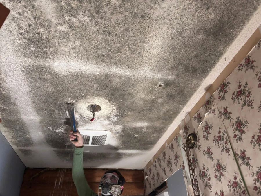 Technician collecting an air sample inside a home during mold testing