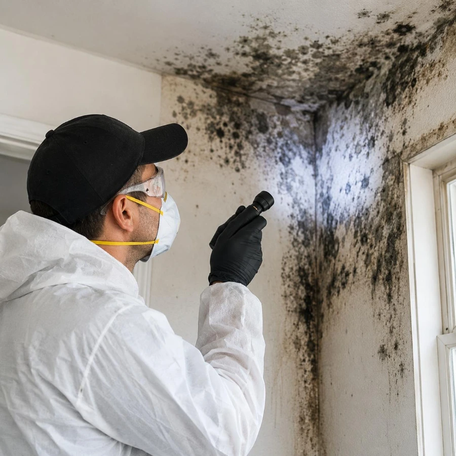 Technician visually checking a wall and wood surfaces for mold during an inspection