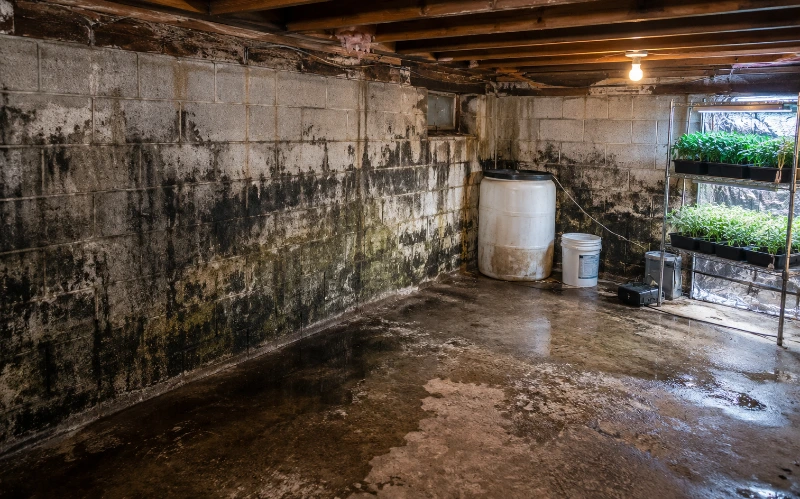 Basement framing showing mold before remediation