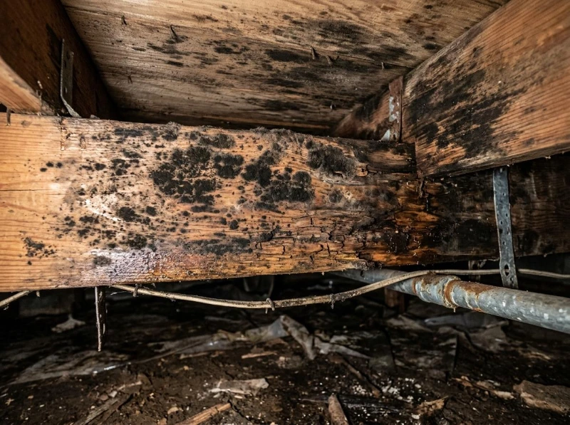 Crawl space floor joists showing mold before removal