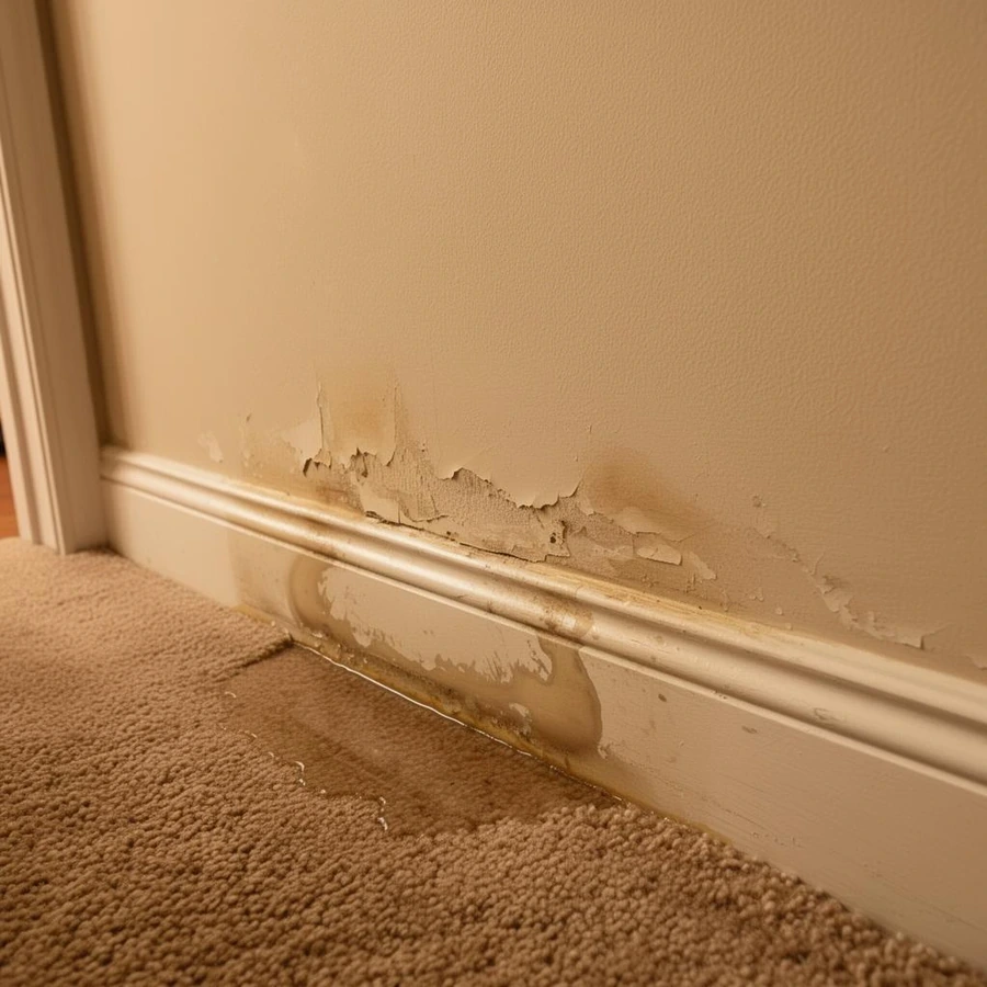 Water-stained drywall and baseboard after a plumbing leak