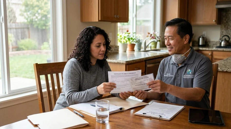 Mold remediation technician reviewing a training certificate