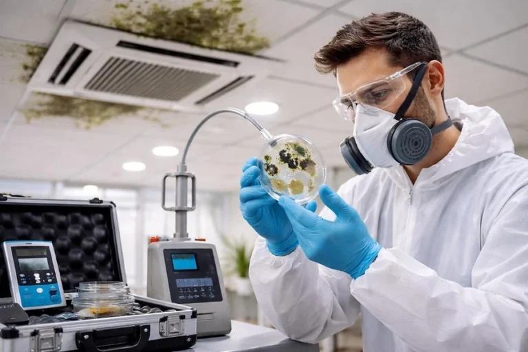 Laboratory technician analyzing a sample for mycotoxins associated with mold contamination