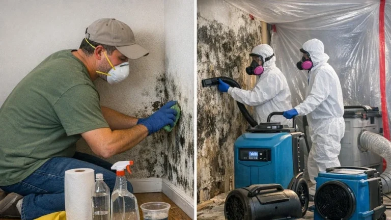 Professional mold remediation technician working in a Louisville residential property