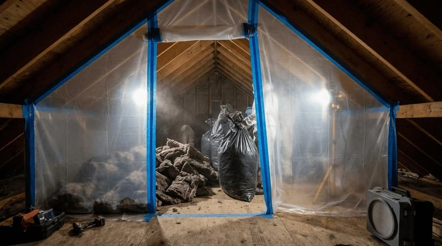 Attic insulation showing mold contamination before removal